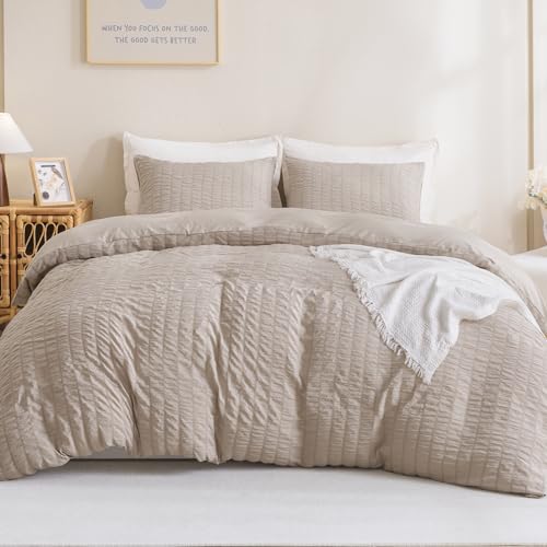 Litanika Bettwäsche-Set in voller Größe, Khaki, 3-teilig, leichte Seersucker-Bettwäsche-Sets, weiches Bettwäsche-Set (200 x 228 cm Bettdecke und 2 Kissenbezüge) von Litanika