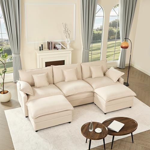Litbird U-förmiges modulares Sofa 3-Sitzer Ecksofa mit Hocker, tiefes Sitzdesign, Cloud Couch für Wohnzimmer(Beige) von Litbird