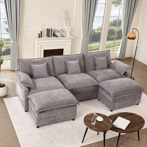 Litbird U-förmiges modulares Sofa 3-Sitzer Ecksofa mit Hocker, tiefes Sitzdesign, Cloud Couch für Wohnzimmer(Grau) von Litbird