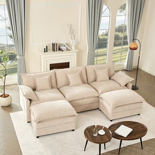 Litbird U-förmiges modulares Sofa 3-Sitzer Ecksofa mit Hocker, tiefes Sitzdesign, Cloud Couch für Wohnzimmer(Hellbraun) von Litbird