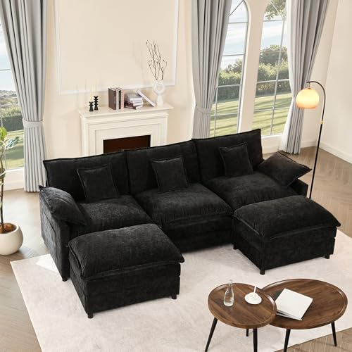 Litbird U-förmiges modulares Sofa 3-Sitzer Ecksofa mit Hocker, tiefes Sitzdesign, Cloud Couch für Wohnzimmer(Schwarz) von Litbird