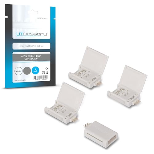 Litcessory 6-Polig auf Gekürztes Ende Verbinder für Philips Hue Lightstrip Plus (4 Stück, Weiß - MIKRO 6-POLIG V4 / Solo Lightstrip) von Litcessory