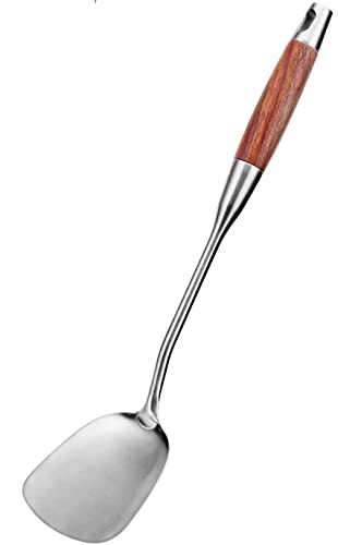 Litensh 304 Edelstahl Wok Spatel, Metall Woklöffel Pfannenwender Wokwender Kochschaufel mit Hitzebeständigem Löchern Holzgriff zum Braten von Steak, Fisch, Eiern 38,9 cm von Litensh