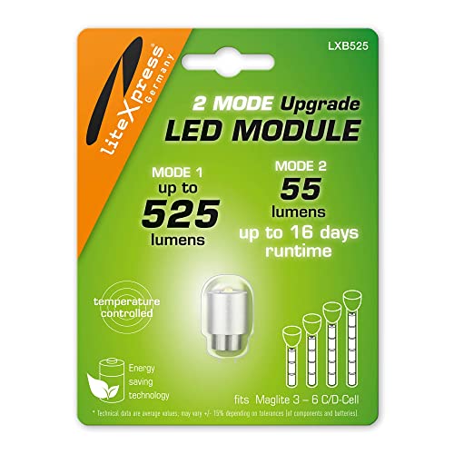 LiteXpress LXB525 2Mode Einstellbare Lichtmodi LED Upgrade Modul 525 oder 55 Lumen für 3-6 C/D-Cell Maglite Taschenlampen von Litexpress
