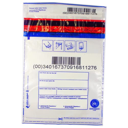 100 x Sicherheitstaschen: 195 x 265 + 30 mm Bon, Druck: " von, an, Datum, Betrag, Verpackt, Unterschrift " von Litfax