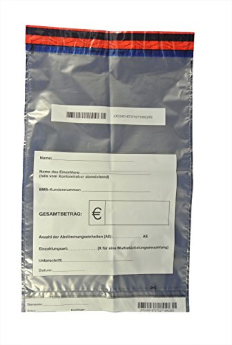 100 x Sicherheitstaschen: ca.: 295 x 465 + 30 mm Bon, Druck: " Name, Name des Einzahlers, BMS, Gesamtbetrag " von Litfax