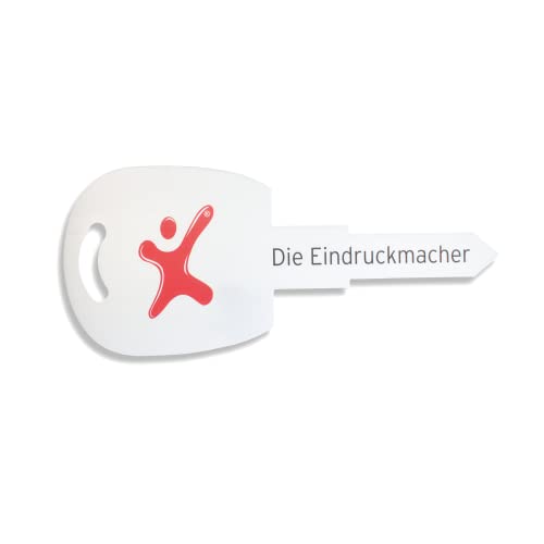 Übergabeschlüssel, symbolischer Autoschlüssel, auf 3 mm stabiler Hohlkammerplatte weiß, personalisiert mit Logo und Text bedruckt von Litfax