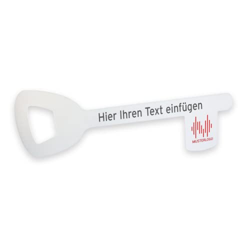 Übergabeschlüssel, symbolischer Zimmerschlüssel, auf 10 mm weißer stabiler Acrylglasplatte, personalisiert mit Logo und Text bedruckt von Litfax