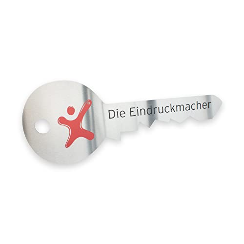 Übergabeschlüssel, symbolischer runder Zylinderschlüssel, auf stabiler Aluminiumplatte Silber, personalisiert mit Logo und Text bedruckt von Litfax