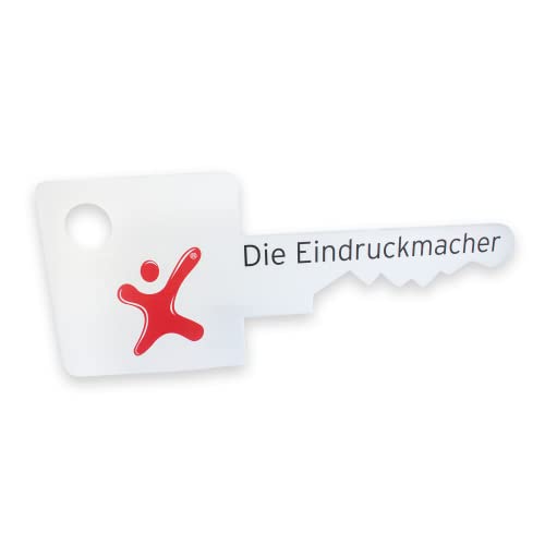 Übergabeschlüssel, symbolischer eckiger Zylinderschlüssel, auf 3 mm stabiler Hohlkammerplatte weiß, personalisiert mit Logo und Text bedruckt von Litfax