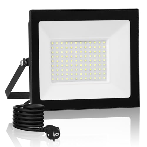 100W LED Strahler Außen mit Stecker & 3M Kabel,10000LM 3000K Warmweiß Strahler Außen,IP66 Wasserdicht Fluter Flutlichtstrahler,LED Scheinwerfer Aussenstrahler für Hof Garten Garage von Litglobe