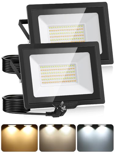 50W LED Strahler Außen Mit Stecker & 1.5M Kabel, 3000K/4500K/6500K Scheinwerfer Mit Speicherfunktion, 5000LM IP66 Wasserdicht Fluter Flutlichtstrahler Für Hof Garten Garage Sportplatz von Litglobe