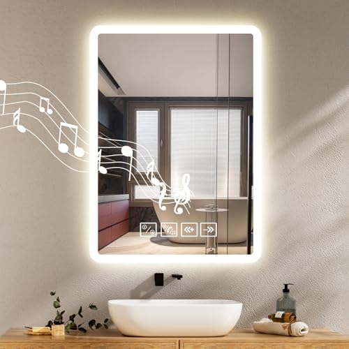 Badspiegel mit Beleuchtung mit Bluetooth Lautsprecher 50x70cm,Runden LED Badezimmerspiegel mit Entfoggen,Badezimmer Spiegel mit Touchschalter,Speicherfunktion,3 Einstellbare Lichtfarbe von Litglobe