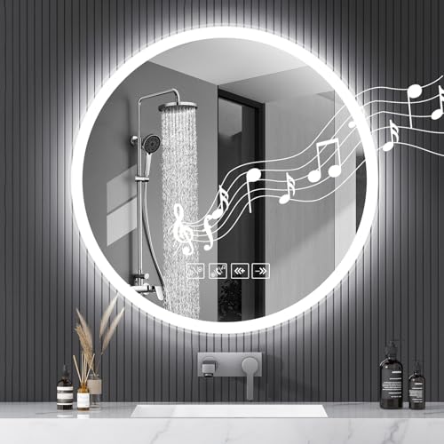 Badspiegel mit Beleuchtung mit Bluetooth Lautsprecher 60x60cm,Runden LED Badezimmerspiegel mit Entfoggen,Badezimmer Spiegel mit Touchschalter,Speicherfunktion,3 Einstellbare Lichtfarbe von Litglobe