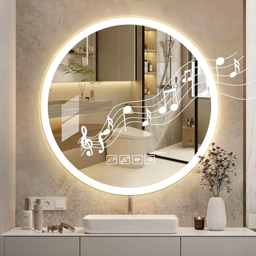 Badspiegel mit Beleuchtung mit Bluetooth Lautsprecher 60x60cm,Runden LED Badezimmerspiegel mit Entfoggen,Badezimmer Spiegel mit Touchschalter,Speicherfunktion,3 Einstellbare Lichtfarbe Badspiegel mit Beleuchtung mit Bluetooth Lautsprecher 60x60cm,Runden LED Badezimmerspiegel mit Entfoggen,Badezimmer Spiegel mit Touchschalter,Speicherfunktion,3 Einstellbare Lichtfarbe von Litglobe