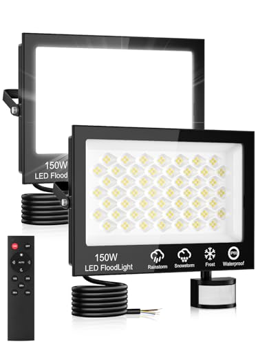 LED Strahler mit Bewegungsmelder Außen 150W 2 Stück,15000LM Scheinwerfer mit Fernbedienung,6500K Kaltweiß Außenstrahler,IP66 Wasserdicht LED Fluter Flutlicht,Außenlampe für Garten Garage Sportplatz von Litglobe