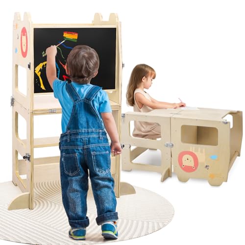 Lernturm für Kinder,Learning Tower mit Tafel,3 in 1 Klappbar Multifunktion Lernturm,Verwandelt Sich in Tisch+Stuhl,Kinder Lernstuhl Tritthocker mit Anti-Rutsch-Pad,?ernturm aus Holz für ab 18 Monate von Litglobe
