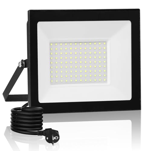 Litglobe 100W LED Strahler Außen mit Stecker,10000LM 6500K Kaltweiß Superhell Scheinwerfer,IP66 Wasserdicht LED Außenstrahler, Aussenstrahler für Hof Garten Garage von Litglobe
