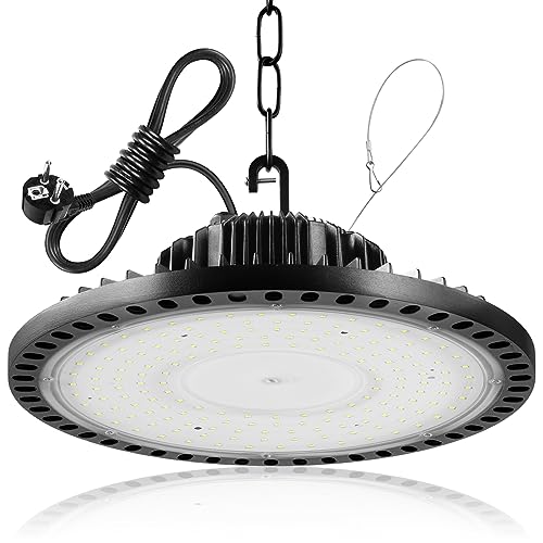 Litglobe LED UFO Industrielampe mit Stecker,200W 20000LM Superhell Hallenstrahler LED,6500K Kaltweiß LED Hallenbeleuchtung,IP65 Wasserdicht LED Werkstattlampe Deckenleuchte für Garage Fabrik von Litglobe