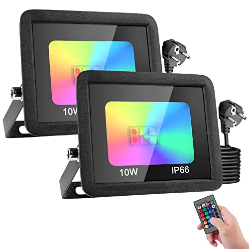 RGB LED Strahler mit Stecker 10W 2 Stück,16 Farben 4 Modi Farbwechsel Fluter Flutlichtstrahler,LED Scheinwerfer mit Fernbedienung & Memory-Funktion,IP66 Wasserdicht Außenstrahler für Garten Party von Litglobe