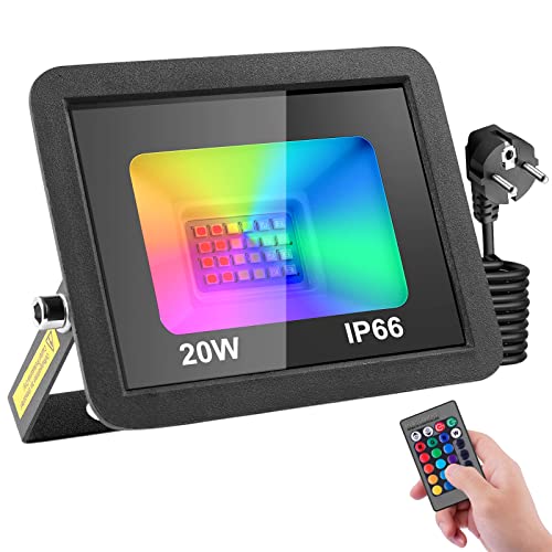 RGB LED Strahler mit Stecker 20W,16 Farben 4 Modi Farbwechsel Fluter Flutlichtstrahler,LED Scheinwerfer mit Fernbedienung & Memory-Funktion,IP66 Wasserdicht Außenstrahler für Garten Party von Litglobe