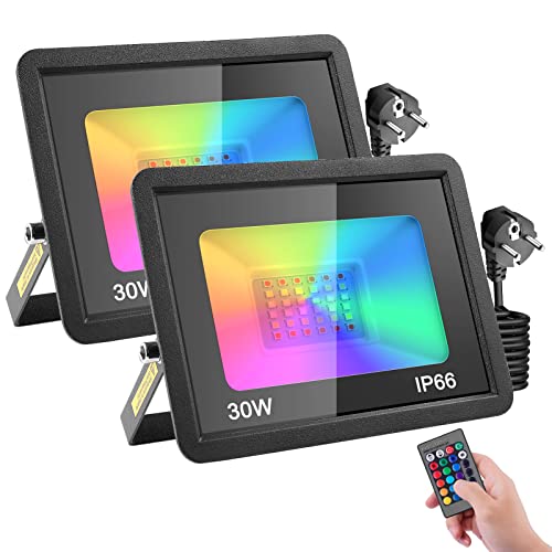 RGB LED Strahler mit Stecker 30W 2 Stück,16 Farben 4 Modi Farbwechsel Fluter Flutlichtstrahler,LED Scheinwerfer mit Fernbedienung & Memory-Funktion,IP66 Wasserdicht Außenstrahler für Garten Party von Litglobe