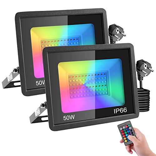 RGB LED Strahler mit Stecker 50W 2 Stück,16 Farben 4 Modi Farbwechsel Fluter Flutlichtstrahler,LED Scheinwerfer mit Fernbedienung & Memory-Funktion,IP66 Wasserdicht Außenstrahler für Garten Party von Litglobe