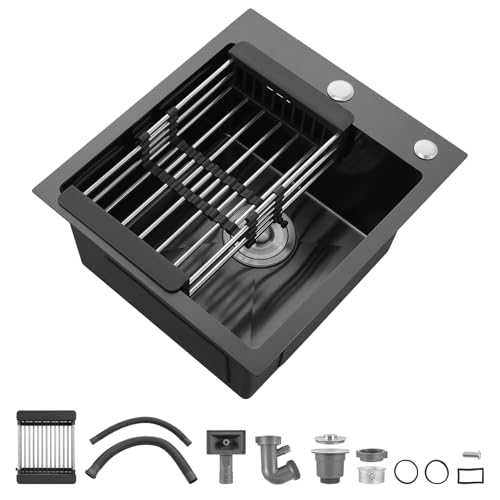 Spülbecken Edelstahl 40 x 45 cm,Schwarz Einbauspüle Küchenspüle,Küchenspüle mit faltbarem Siebkorb,Moderne Einbauspüle Set,Waschbecken Küche mit Siphon Ab- und Drainage Komponenten von Litglobe