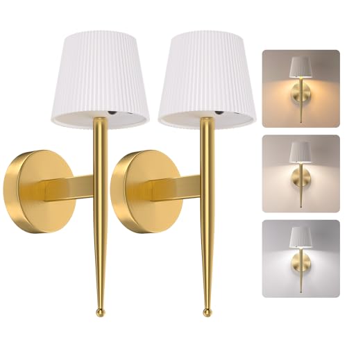 Lithomy Batteriebetriebene Wandleuchte 2er-Pack, wiederaufladbare 2-in-1-Solar-Wandleuchte mit dimmbarer Farbtemperatur, moderne Wandleuchte ohne Kabel, Wandleuchten für Wohnzimmer/Flur/Außen, Weiß von Lithomy