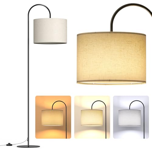 Lithomy Stehleuchte Wohnzimmer, LED Bogenlampe Wohnzimmer Stehlampe E27, 12W Stehlampe Schlafzimmer, Wohnzimmer Bogenleuchte mit Leinenlampenschirm und Fußschalter, Stehlampe Modern Weiß Beige von Lithomy