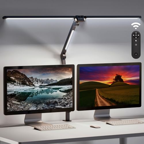 Lithomy Doppelkopf Schreibtischlampe LED Dimmbar, 24W 1500LM Klemmbare monitor lampe, Augenschutz tageslichtlampe in Büro, mit Fernbedienung, 4 Farbtemperaturen und 5 Helligkeitsstufen. von Lithomy