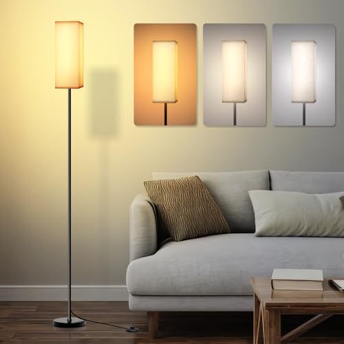 Lithomy LED Stehlampe Schwarz 9W, E27 Dimmbare LED-Stehlampe mit 3 Farbtemperaturen, Stehlampen mit quadratischem Leinenlampenschirm und Fußschalter, Stehlampe Vintage für Wohnzimmer und Schlafzimmer von Lithomy