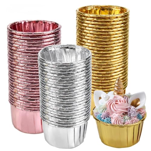 Litinliv 150 Stücke Cupcake Formen Papier, Cupcake Förmchen, Mini Kuchen Förmchen, Aluminiumfolie Muffinförmchen, Fettdichte Folie für Haushalt, Partys, Gebäck Formen(Gold, Silber, Roségold) von Litinliv