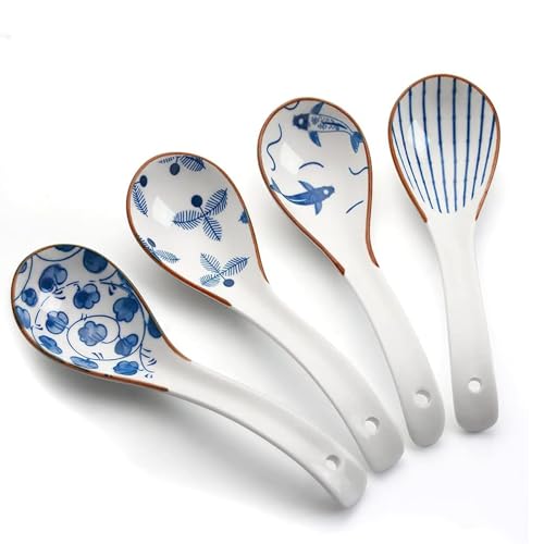 Litinliv 4 Stücke Keramik Suppenlöffel, Porzellan Löffel Suppe, Asiatische Suppenlöffel Keramik, Asiatische Reislöffel, Chinesische Suppenlöffel Keramik, Japanische Ramen Löffel, Porzellanlöffel Lang von Litinliv