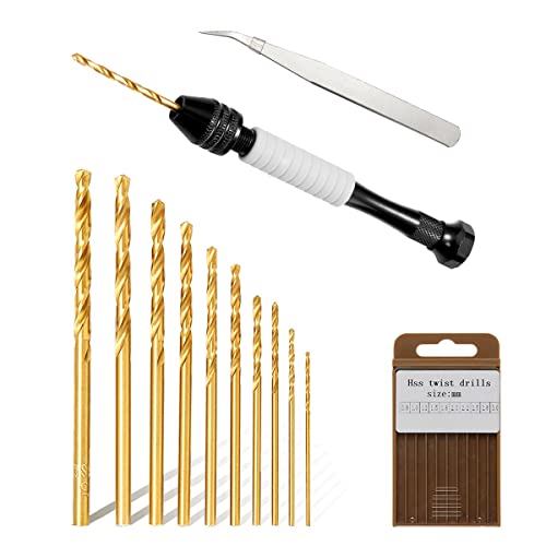 Litorange 9cm Handbohrer mit 10 HSS Kobalthaltige Spiralbohre(0.8-3.0mm) Mini Bohrmaschine Pin Vise Mini Hand Drill Bit Set für Modellbau und zum Bohren von Löchern in Holz, Harz von Litorange