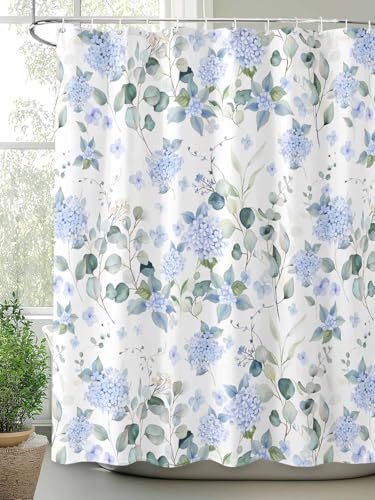 Duschvorhang, Badezimmer-Set, Sommer, Aquarell, blaue Hortensien, wasserdichter Stoff, Duschvorhänge mit Ösen und Haken, pastorales Eukalyptusblatt, Privatsphäre, Badvorhang für Badewanne, Dekoration von Litter Star