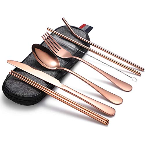 8er Campingbesteck Set aus Edelstahl, Reisebesteck Set tragbar wiederverwendbar, Camping Besteck inkl. Messer, Gabel, Löffel, Essstäbchen, Reinigungsbürste, Metallstrohhalme, Tragbare Tasche, Rosegold von Litthing