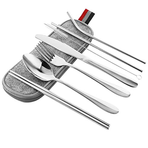8er Campingbesteck Set aus Edelstahl, Reisebesteck Set tragbar wiederverwendbar, Camping Besteck inkl. Messer, Gabel, Löffel, Essstäbchen, Reinigungsbürste, Metallstrohhalme, Tragbare Tasche, Silber von Litthing