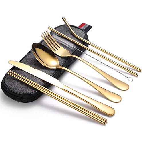 8er Campingbesteck Set aus Edelstahl, Reisebesteck Set tragbar wiederverwendbar, Camping Besteck inkl. Messer, Gabel, Löffel, Essstäbchen, Reinigungsbürste, Metallstrohhalme, Tragbare Tasche, Gold von Litthing