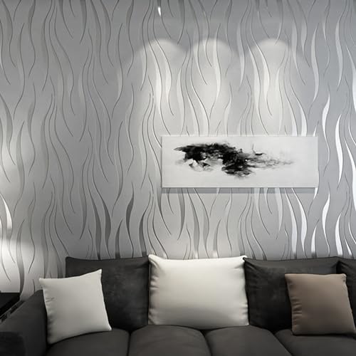 Litthing 2pcs Tapete Vliestapete 3D mit Wasserpflanzen Muster Modern Minimalistisch Wallpaper mit 3D Wellen Wanddekoration in Wohnzimmer Schlafzimmer und Büro 0,53m x 9.5m von Litthing