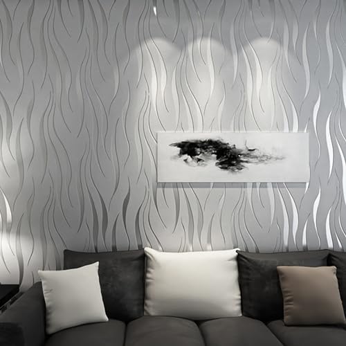 Litthing 3pcs Tapete Vliestapete 3D mit Wasserpflanzen Muster Modern Minimalistisch Wallpaper mit 3D Wellen Wanddekoration in Wohnzimmer Schlafzimmer und Büro 0,53m x 9.5m von Litthing