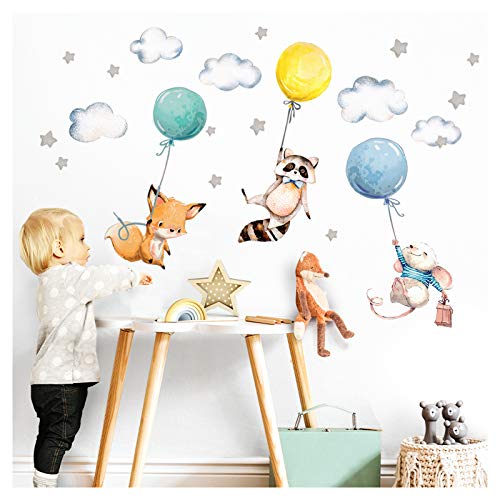 Little Deco Aufkleber Babyzimmer Tiere & Luftballons I Wandbild 68 x 40 cm (BxH) I Waschbär Fuchs Sterne Maus Wandtattoo Kinderzimmer Junge Mint DL508 von Little Deco