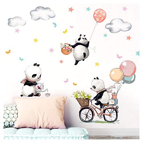 Little Deco Aufkleber DREI Panda mit Luftballons I Wandbild 102 x 77 cm (BxH) I Fahrrad Blumen Wandbilder Wandtattoo Tiere Deko Babyzimmer Kinder Sticker DL470 von Little Deco