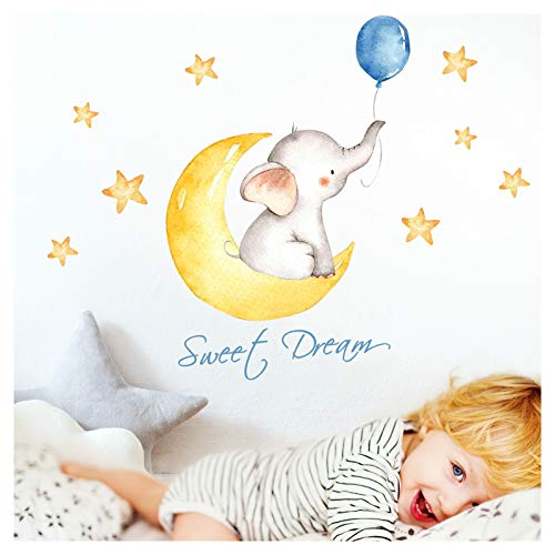 Little Deco Aufkleber Elefant mit Ballon blau & Spruch Sweet Dream I 3 A4 Bögen I Mond und Sterne Wandaufkleber Wandtattoo Kinderzimmer Deko Babyzimmer Junge DL214-6 von Little Deco