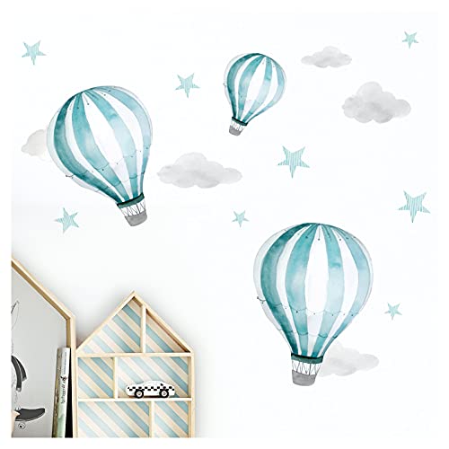 Little Deco Aufkleber Heißluftballons I Wandbild 68 x 34 cm (BxH) I Wolken Sterne Kinderzimmer Junge Wandtattoo Mint Babyzimmer Mädchen Schlafzimmer DL538 von Little Deco