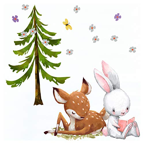 Little Deco Aufkleber Mädchen Kinderzimmer REH Hase und Tannenbaum Blumen Wandaufkleber Wandtattoo Tiere Babyzimmer Junge Kinder Wandsticker Sticker DL209-10 von Little Deco