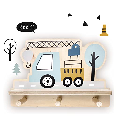 Little Deco Auto mit Kran Mini Wandregal für Kinderzimmer aus Holz, Wanddeko für Babyzimmer mit Wandtattoo Wandsticker Musikbox DL788-1 von Little Deco