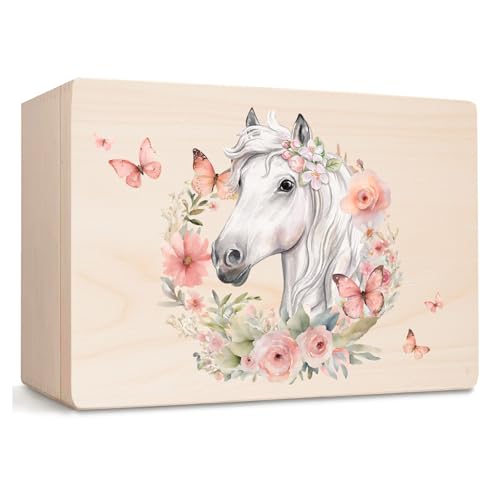 Little Deco Baby Erinnerungsbox Holzkiste mit Pferd & Blumenkranz | L - 40 x 30 x 22 cm | Ideal zur Aufbewahrung & als Geschenk zur Geburt, Taufe oder Geburtstagsgeschenk für Mädchen XHL1037-02 von Little Deco
