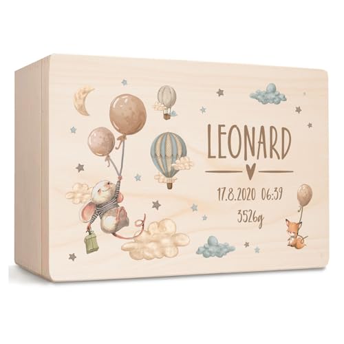 Little Deco Baby Erinnerungsbox personalisiert Holzkiste mit Name | 30 x 20 x 13 cm | Taufgeschenk Erinnerungskiste mit Maus und Ballon Geschenk Geburt Junge Mädchen XHL1044-01 von Little Deco