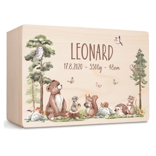 Little Deco Baby Erinnerungsbox personalisiert Waldtiere | 40 x 30 x 22 cm | Taufgeschenk Erinnerungskiste Holzkiste mit Name Geschenk zur Geburt für Junge und Mädchen XHL1050-02 von Little Deco